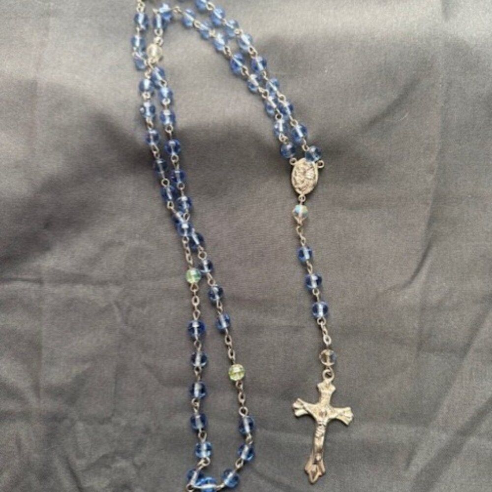 Sparkling Blue Rosaries from Jerusalem Holy Land w Virgin Mary & Baby Jesus